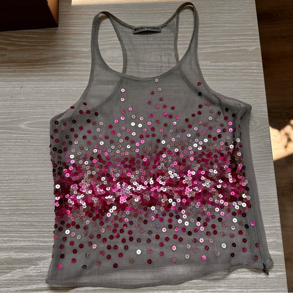 Vintage Emporio Armani Silver Tank Crop Top with Pink Sequins - Picture 1 of 9
